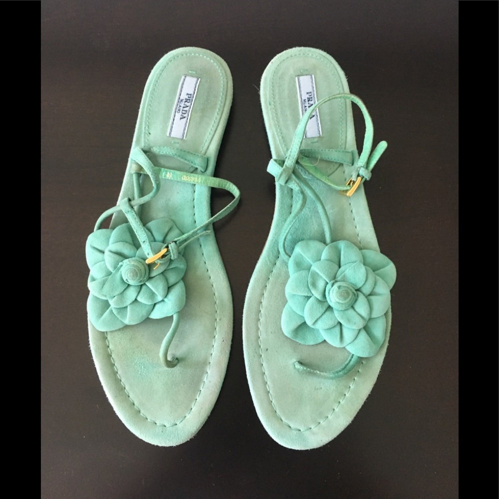 Prada Teal Suede Sandals w/ Flower Accent